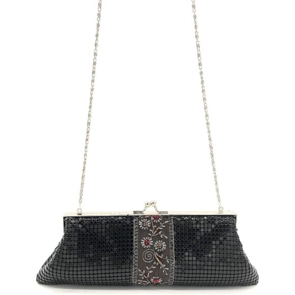 ⚡ Women's Black Embroidered Floral Pattern Metal Kiss Lock Evening Clutch Bag - Picture 4 of 5